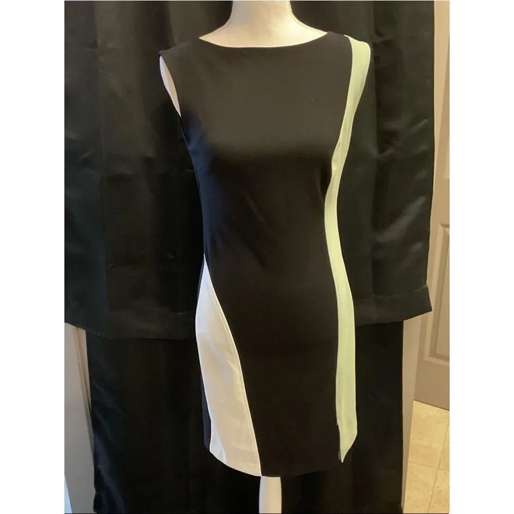 Calvin Klein Black Sheath Dress with White and Light Green Panels